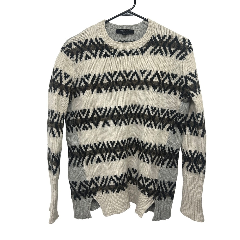 AllSaints Wool Blend‎ Fair Isle Sweater XS Grey Heritage Nordic Crewneck Cozy
